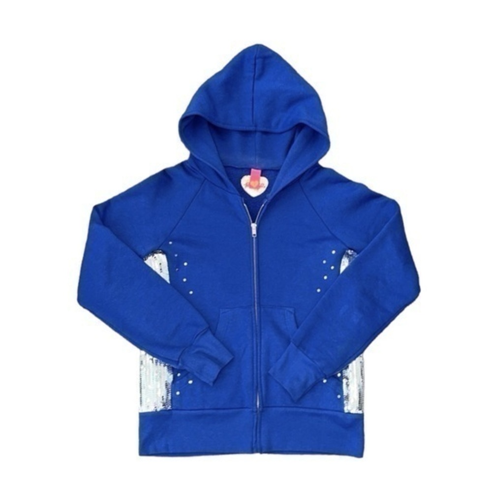 Primp Rare Vintage Y2K Bright Blue‎ Silver Sequin Zip Hooded Sweatshirt Small
